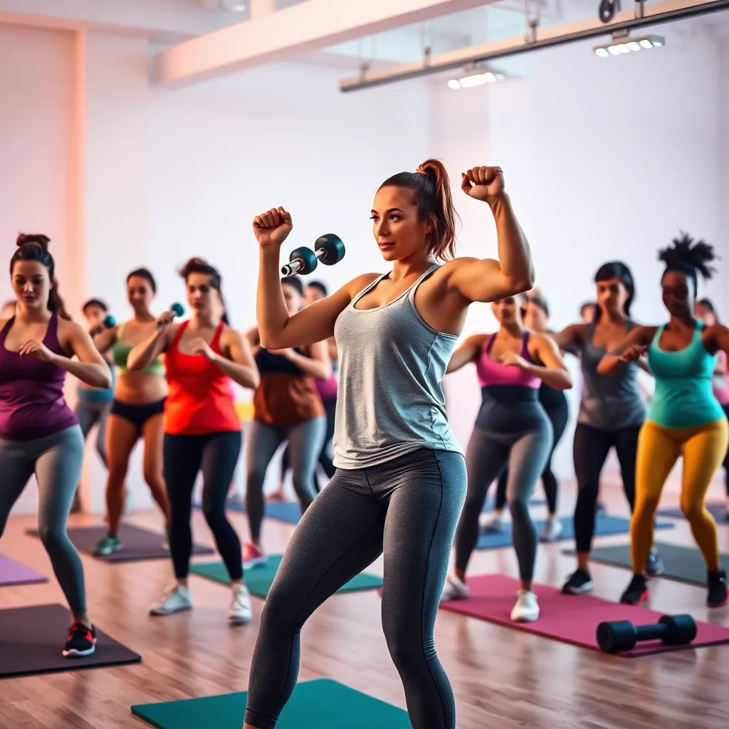 A dynamic scene of a diverse group of people participating in a high-energy workout session in a bright, airy studio space. The participants are wearing comfortable, stylish workout attire and using various exercise equipment, such as resistance bands, dumbbells, and yoga mats. The instructor, a confident and engaging figure, leads the group through a series of movements, demonstrating proper form and providing encouragement. The lighting should be vibrant and energetic, capturing the motion and intensity of the workout. The image should have a powerful and motivating feel, showcasing the dynamism and inclusivity of the interactive workout experience. Render the image in 8K resolution with hyperrealistic detail, capturing the sweat, the muscle definition, and the energetic atmosphere of the session.