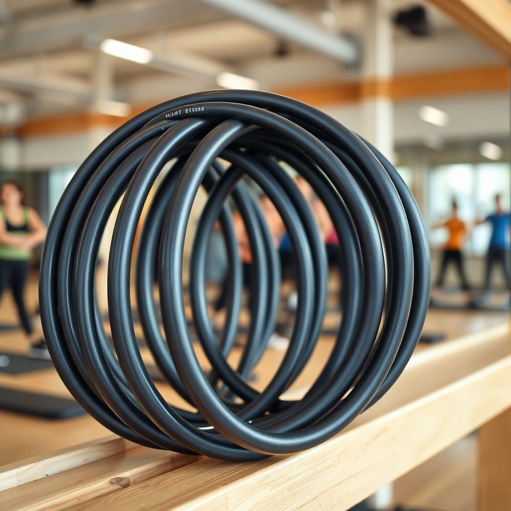 Een groep pilatesringen, netjes opgestapeld op een plank in een fitnessstudio. De achtergrond is een wazig beeld van trainende mensen. De focus ligt op het aantal en de indeling van de ringen. Belichting: Helder en professioneel. Stijl: Presentatie van een groot aantal producten. Technische specificaties: 4K-resolutie, groothoekopname.
