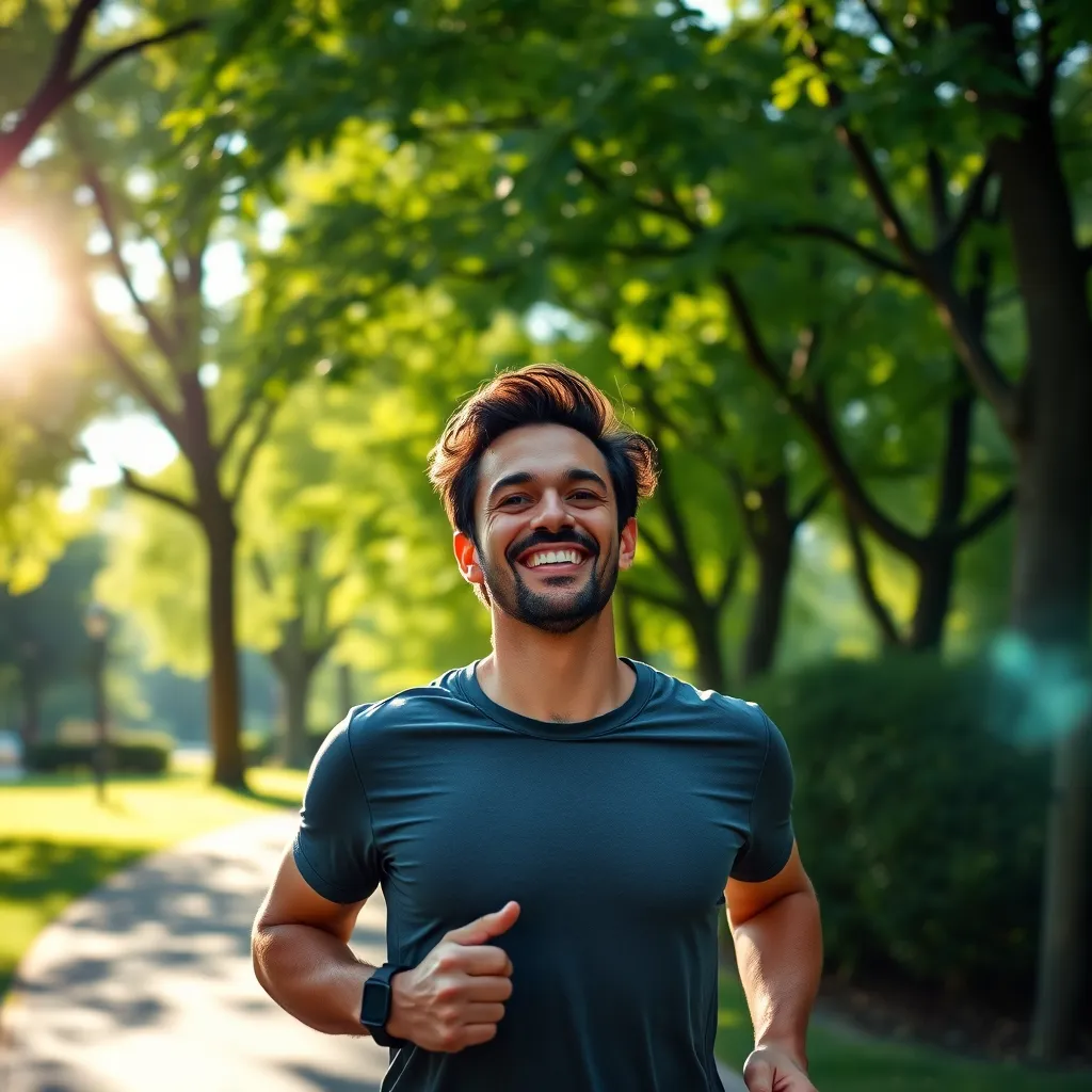 A person smiling while jogging in a park with lush greenery and trees. The sun is shining and the person is wearing comfortable workout attire.