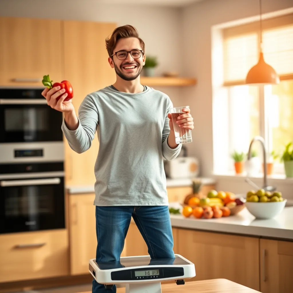 A person standing on a scale with a happy expression, holding a piece of fruit in one hand and a glass of water in the other. The background is a bright and cheerful kitchen with healthy food on the counter.