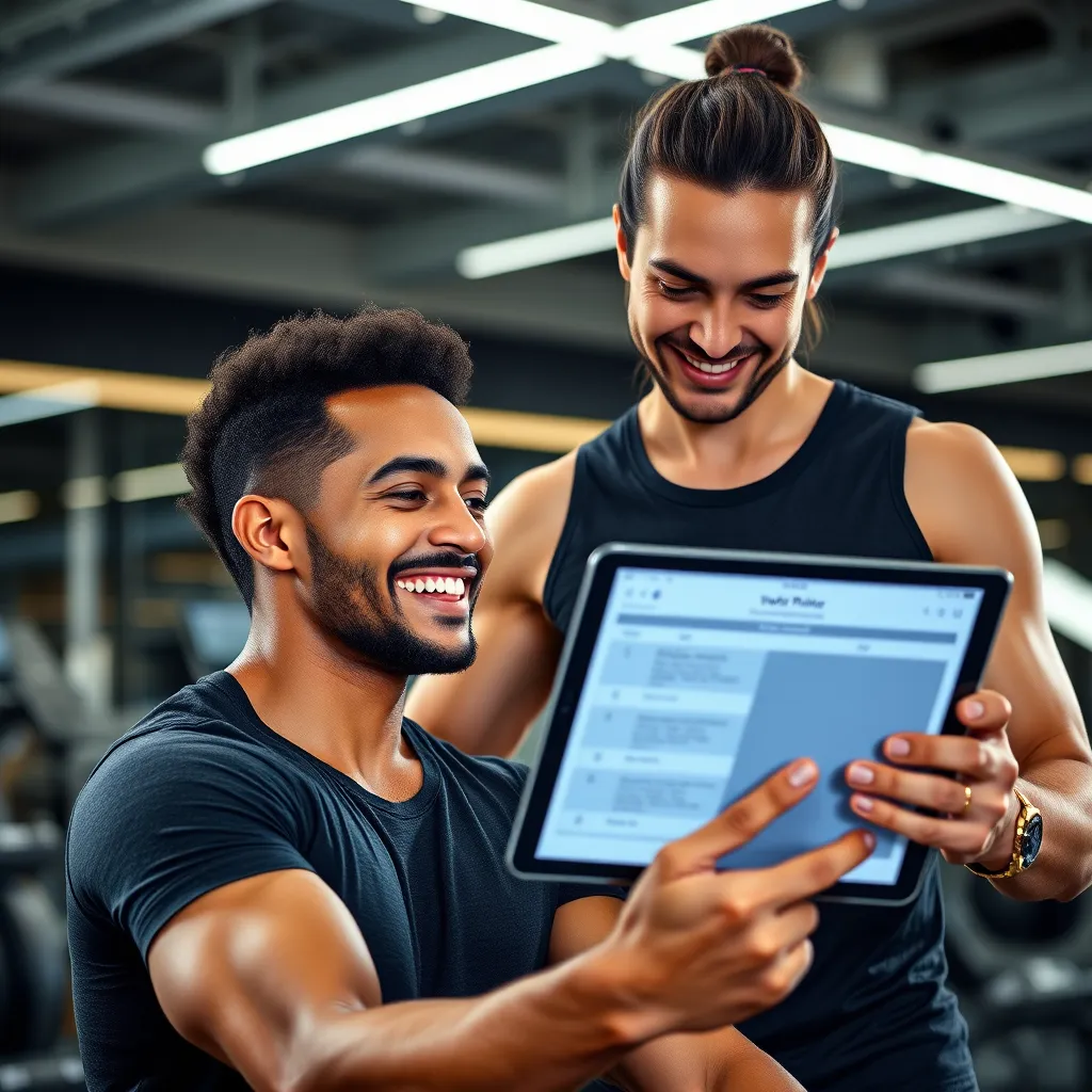 A photorealistic image depicting a smiling person working out in a gym, with a personal trainer nearby, holding a tablet showing a customized workout plan. The background should be a modern gym with sleek equipment and bright lighting. The image should convey a sense of personalization and support.
