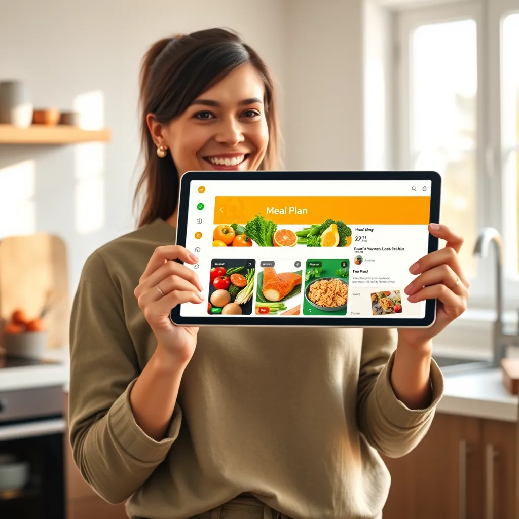A photorealistic image of a woman in her 30s, smiling, holding a digital tablet showing a colorful, healthy meal plan with images of fresh vegetables, fruits, and lean protein. The background is a modern kitchen with natural light streaming in from a window. The image should have a warm, inviting color palette and a soft, diffused lighting. The tablet screen should be bright and clear, showcasing the meal plan details. The woman should be dressed in comfortable, casual clothing that reflects a healthy lifestyle. Render the image in 8K resolution with hyperrealistic detail, capturing the textures of the food, the woman's skin, and the kitchen surfaces. The image should evoke a sense of positivity and ease, emphasizing the convenience and accessibility of the meal planning service.