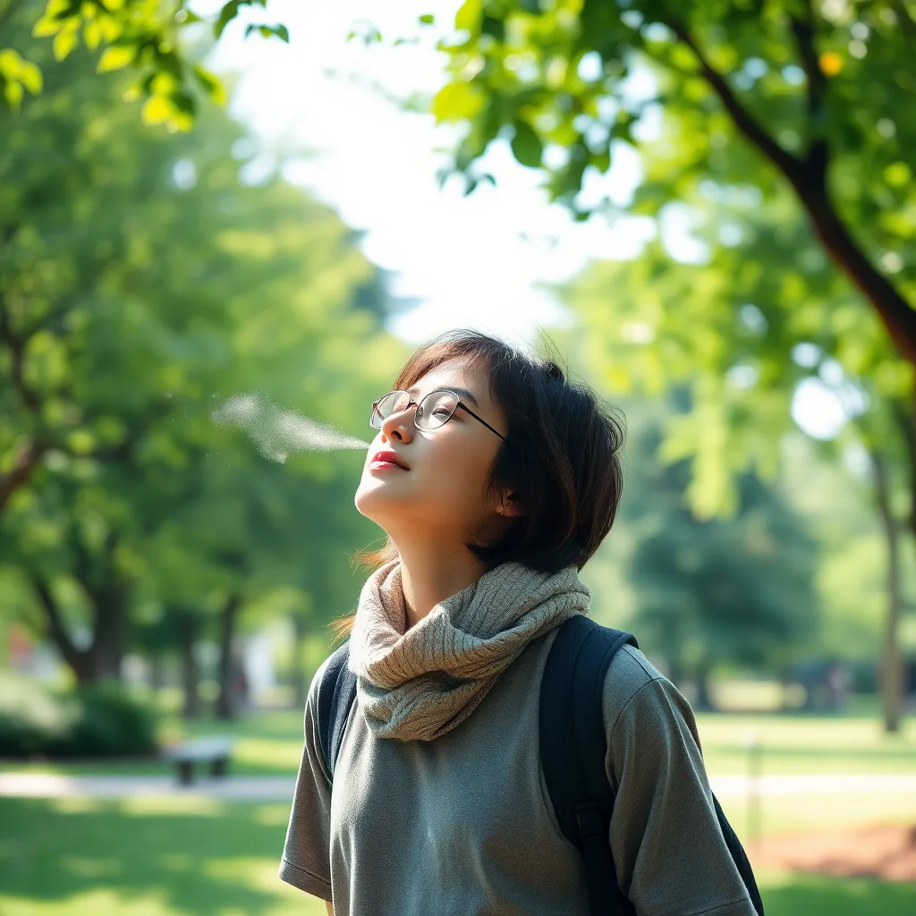 A photorealistic image showcasing a serene scene: a person enjoying fresh air outdoors in a park, surrounded by lush greenery. The image should convey a sense of peace, tranquility, and a focus on both physical and mental well-being.