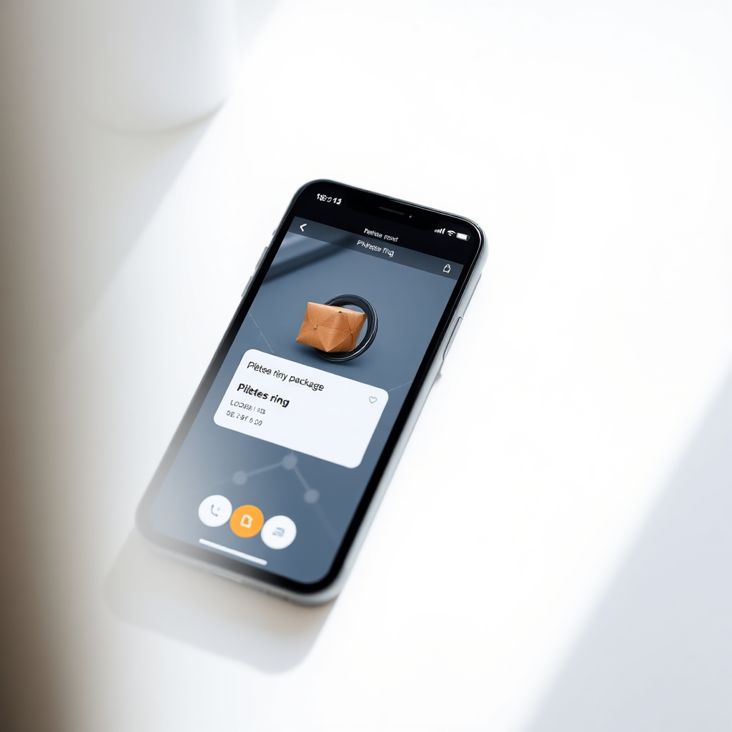 Een screenshot van een tracking-app op een smartphone die de locatie van een pilatesringpakket weergeeft. De achtergrond is een strak wit oppervlak. De focus ligt op het smartphonescherm. Belichting: Helder en duidelijk. Stijl: Technologiegericht. Technische specificaties: 4K-resolutie, close-up.