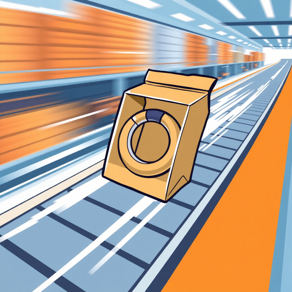 Een gestileerde afbeelding van een verpakking met een pilatesring erin die snel over een lopende band beweegt. De nadruk ligt op snelheid en efficiëntie. De achtergrond moet helder en modern zijn. Stijl: grafisch en illustratief.