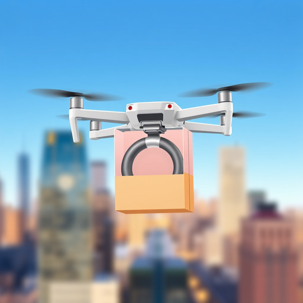 Een gestileerde afbeelding van een pakket met een pilatesring erin, dat door een drone wordt bezorgd. De achtergrond is een wazig stadsgezicht. De afbeelding moet snelheid en gemak uitstralen. Belichting: helder en modern. Stijl: grafisch en illustratief. Technische specificaties: 4K-resolutie, vectorstijl.