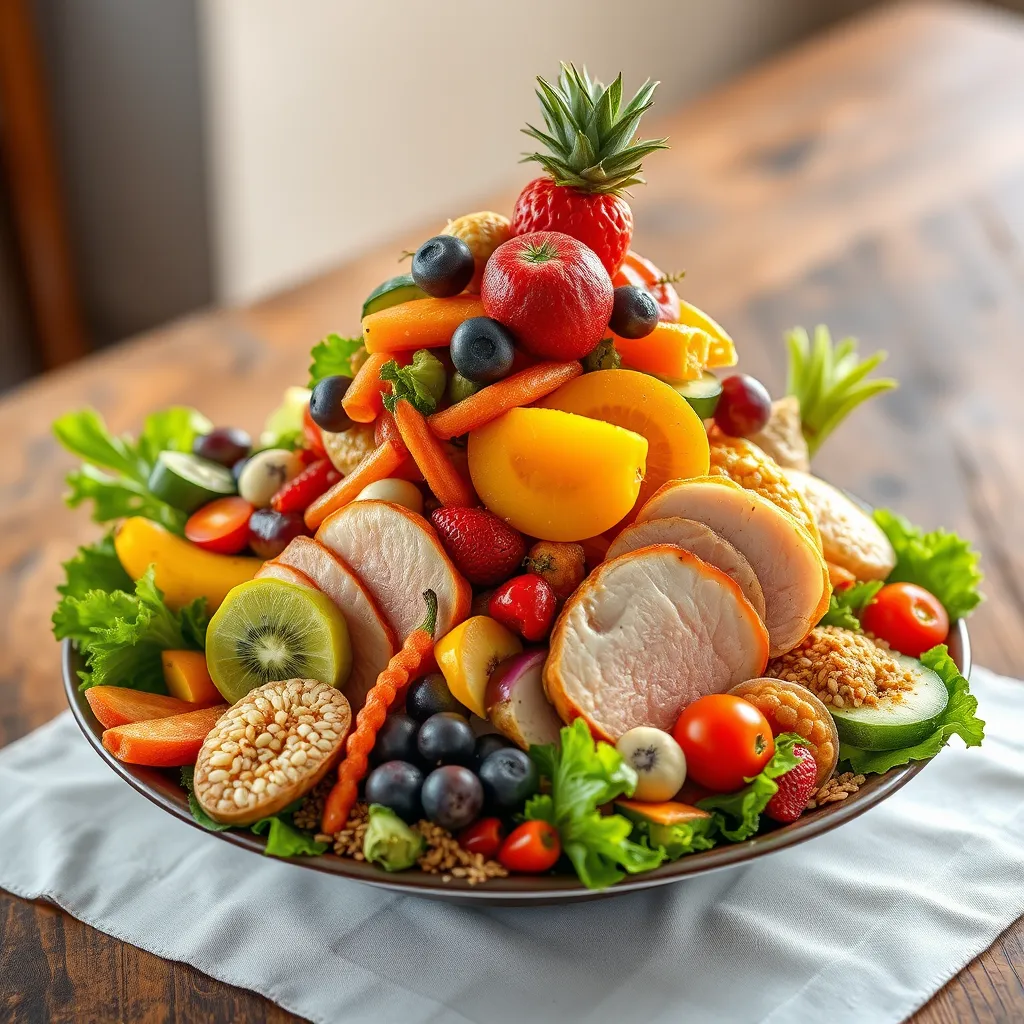 A vibrant and colorful plate piled high with a variety of fresh fruits, vegetables, lean protein, and whole grains. The plate is set on a rustic wooden table with a white tablecloth. The image should convey a sense of abundance and healthy eating.