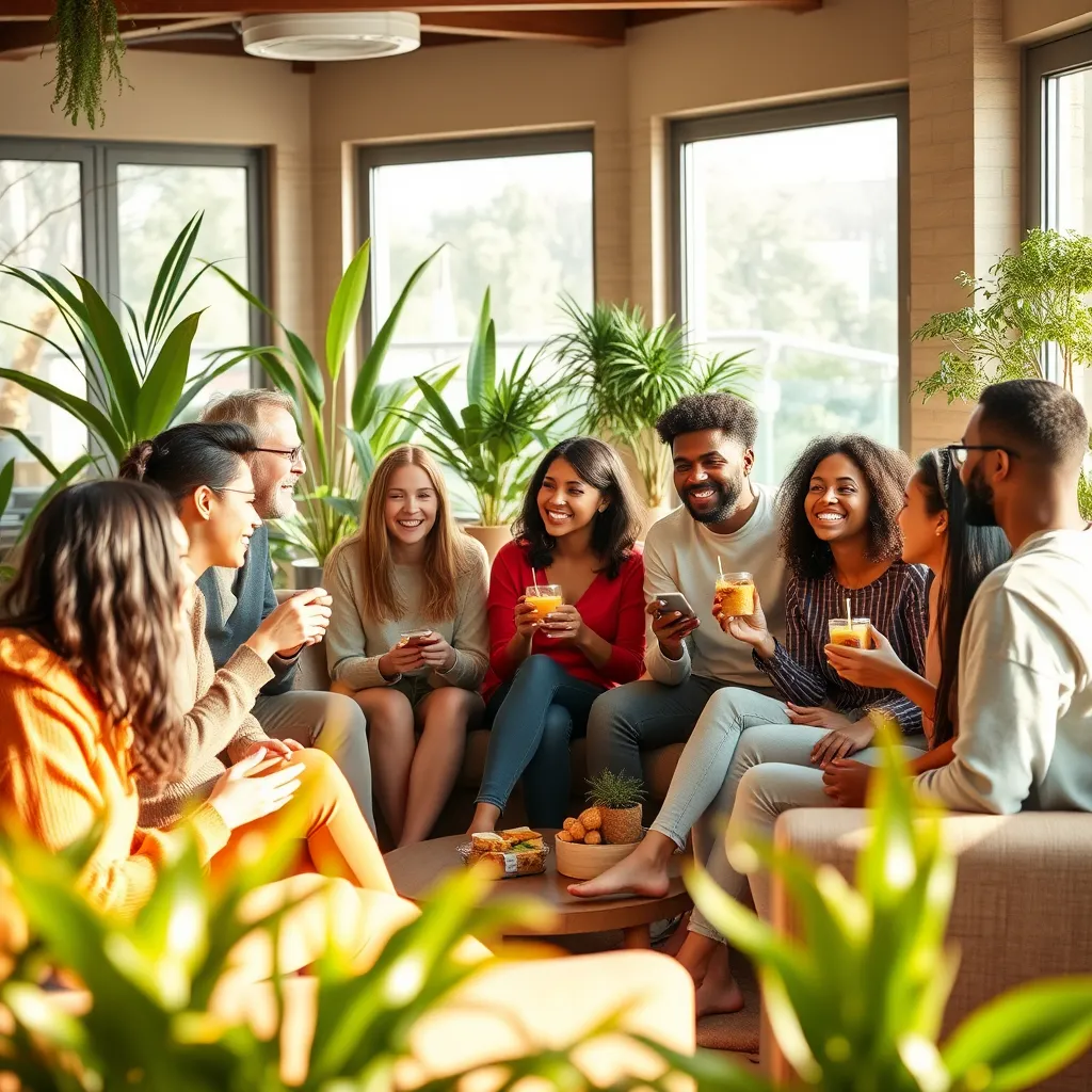 A warm and inviting image of a diverse group of people gathered in a cozy, modern space, engaged in conversation and sharing healthy snacks. The atmosphere is positive and encouraging, with smiles and laughter filling the room. The group is dressed in comfortable clothing that reflects a healthy and active lifestyle. The background features plants, comfortable seating arrangements, and natural light streaming in through large windows. The image should convey a sense of belonging, support, and shared experience. Render the image in 8K resolution with hyperrealistic detail, capturing the textures of the clothing, the warmth of the lighting, and the genuine connection between the individuals. The image should evoke a feeling of community, camaraderie, and positive energy.