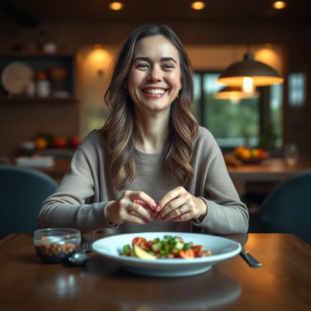 A woman sitting at a table with a plate of food in front of her. She is smiling and enjoying her meal, but she is also paying attention to her body's signals. The image should convey a sense of mindfulness and awareness of her body's needs.