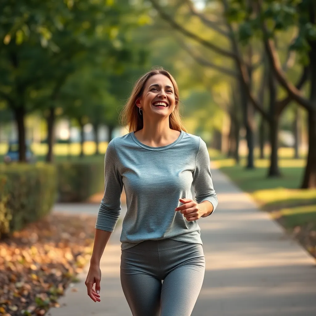 A woman walking through a park, smiling and enjoying the fresh air. She is wearing comfortable clothing and looks healthy and fit. The image should convey a sense of positive change and the joy of moving your body.