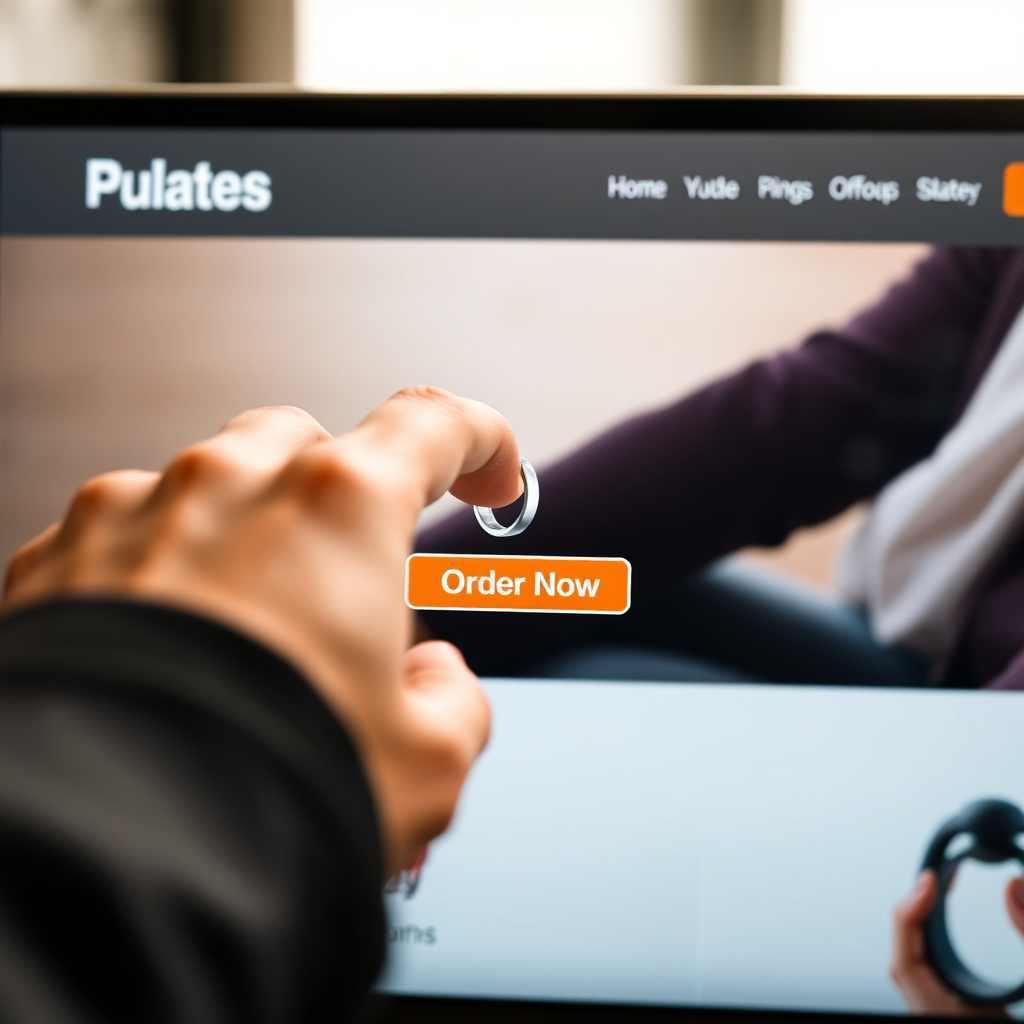 Een afbeelding van een hand die op de knop "Bestel nu" klikt op een website met een Pilatesring. De achtergrond is een wazige afbeelding van de website "Pilates Ring Deals". Belichting: Zacht en uitnodigend. Stijl: Gebruiksvriendelijk. Technische specificaties: 4K-resolutie, close-up.