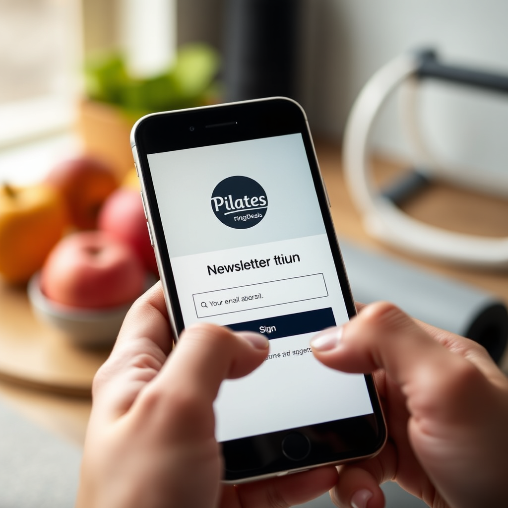 Een afbeelding van een smartphone met een aanmeldformulier voor een nieuwsbrief met het logo "Pilates Ring Deals". Handen worden getoond terwijl ze een e-mailadres invoeren. De achtergrond is wazig en bevat elementen van een gezonde levensstijl, zoals fruit en fitnessapparatuur. Belichting: zacht en warm. Stijl: lifestyle. Technische specificaties: 4K-resolutie, geringe scherptediepte.