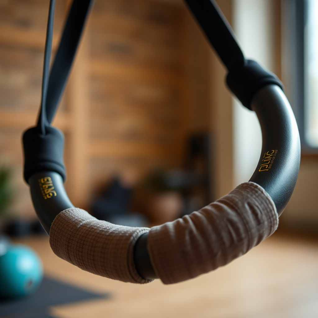 Close-up van een pilatesring die wordt samengedrukt, wat de duurzaamheid en flexibiliteit ervan demonstreert. Focus op de textuur van het materiaal en de sterkte van de ring. De achtergrond moet een onscherpe studio-omgeving zijn. Belichting: scherp en licht dramatisch. Stijl: gericht op het product. Technische specificaties: 4K-resolutie, macrolens.