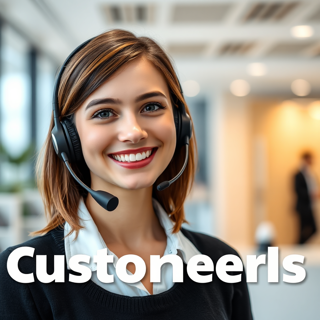 Afbeelding van een vriendelijke klantenservicemedewerker met een headset en een glimlach. De achtergrond is een lichte en professionele kantooromgeving. De focus ligt op toegankelijkheid en behulpzaamheid. Stijl: klantgericht.