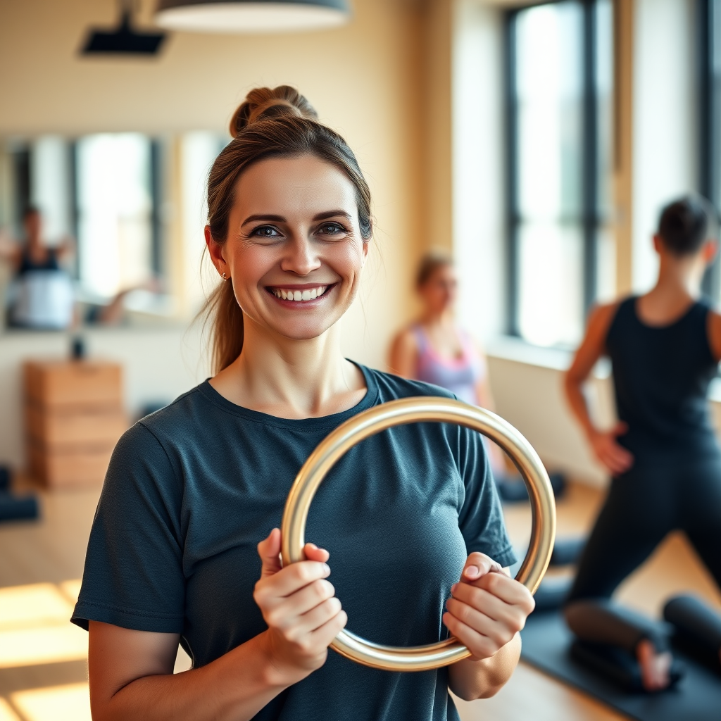 Afbeelding van een vriendelijke pilatesinstructeur die lacht terwijl hij een pilatesring vasthoudt. Ze bevinden zich in een lichte, moderne studio en hebben contact met een student op de achtergrond. De focus ligt op de toegankelijkheid en expertise van de instructeur. Belichting: Warm en uitnodigend. Stijl: Lifestyle. Technische specificaties: 4K-resolutie, geringe scherptediepte.