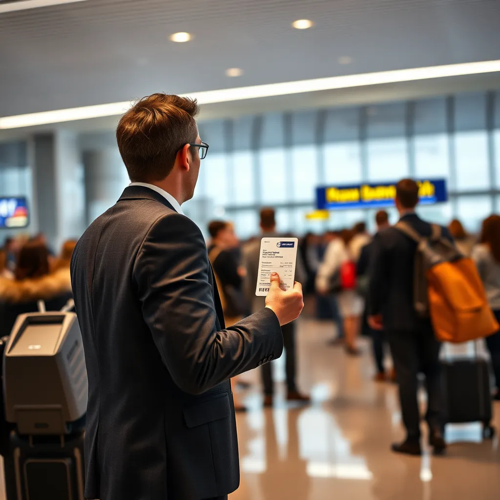 A businessman in a suit holding a boarding pass, standing at the front of a line of passengers waiting to board a plane. The background should be a modern airport gate with a sleek, minimalist design.