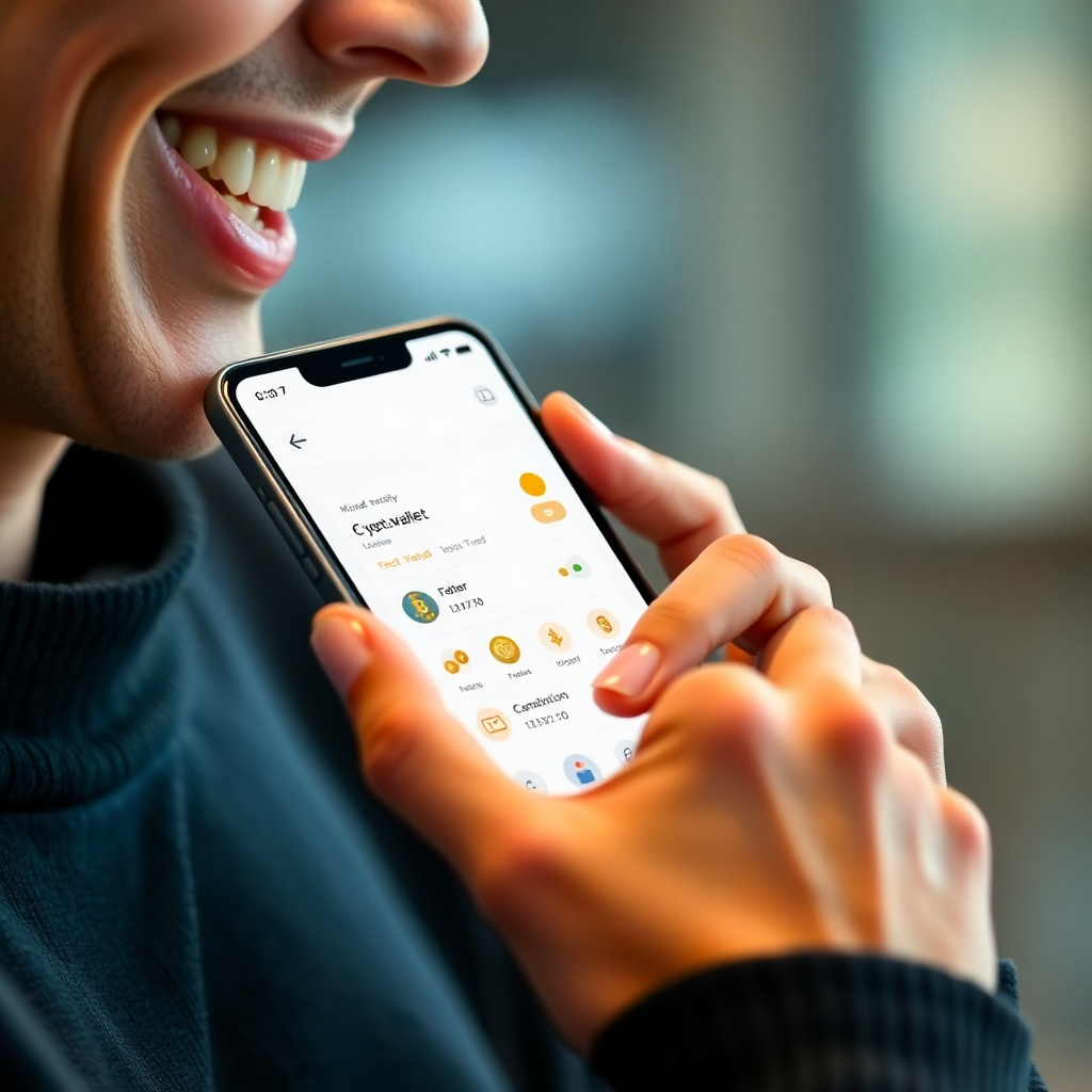 A close-up photorealistic image of a person smiling while effortlessly using a clean, minimalist crypto wallet app on a sleek smartphone. The app interface should be clearly visible and showcase its user-friendliness. The background should be blurred and uncluttered.