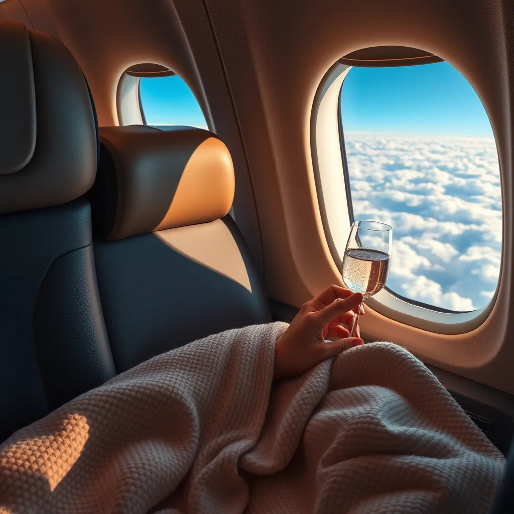 A close-up shot of a person relaxing in a first-class airplane seat, with a warm blanket, a glass of champagne, and a view of the clouds outside the window. The lighting should be soft and inviting, emphasizing the feeling of luxury and comfort.