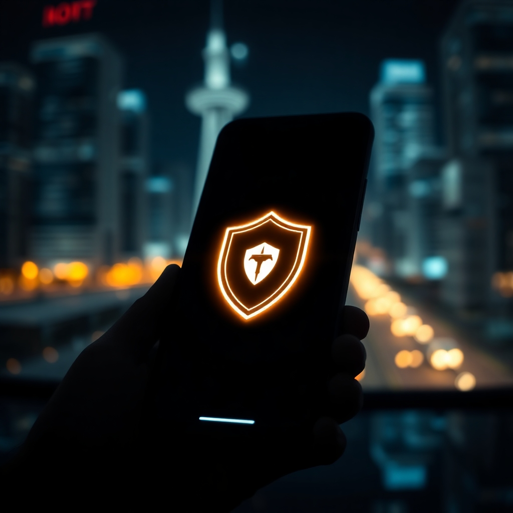 A close-up shot of a smartphone displaying a crypto wallet app interface with a prominent security shield icon. The background should be a blurred image of a futuristic cityscape at night, emphasizing security and technological advancement.  The overall lighting should be dark and moody, with a focus on the glowing security shield.
