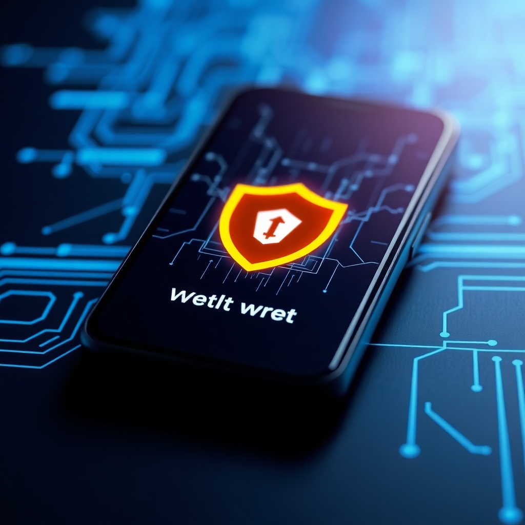 A close-up shot of a smartphone displaying a crypto wallet app with a prominent security shield icon, overlaid with a futuristic, abstract representation of data encryption. The background should be a dark, subtly glowing blue, suggesting advanced security measures. The overall style should be sleek and modern, conveying a sense of trust and protection.