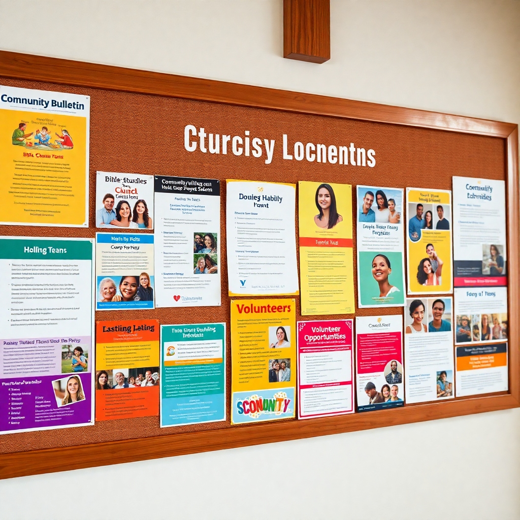 A detailed close-up shot of a beautifully designed community bulletin board in a church hall. The board should be filled with colorful flyers, announcements, and photos about upcoming events like bible studies, community outreach programs, and volunteer opportunities.  The overall style should be inviting and well-organized, and the church logo should be subtly included. The image should evoke a sense of community engagement and warmth.