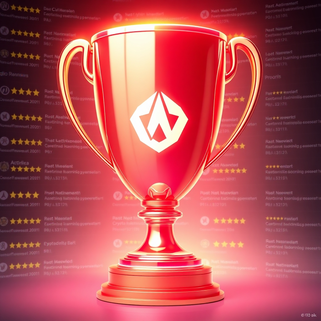 A large, glowing trophy with the crypto wallet app logo prominently displayed on it. The background should be filled with positive reviews and ratings from different platforms and news outlets, highlighting our top rating. The lighting should be bright and celebratory, conveying a sense of accomplishment and trust.
