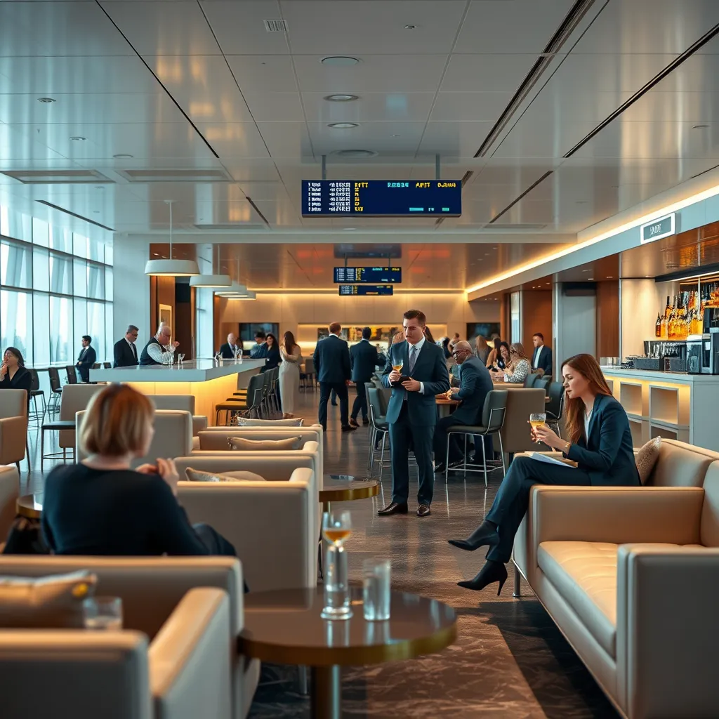 A luxurious airport lounge with comfortable seating, a bar serving cocktails, and passengers dressed in business attire enjoying the amenities. The background should be a sleek and modern airport terminal.