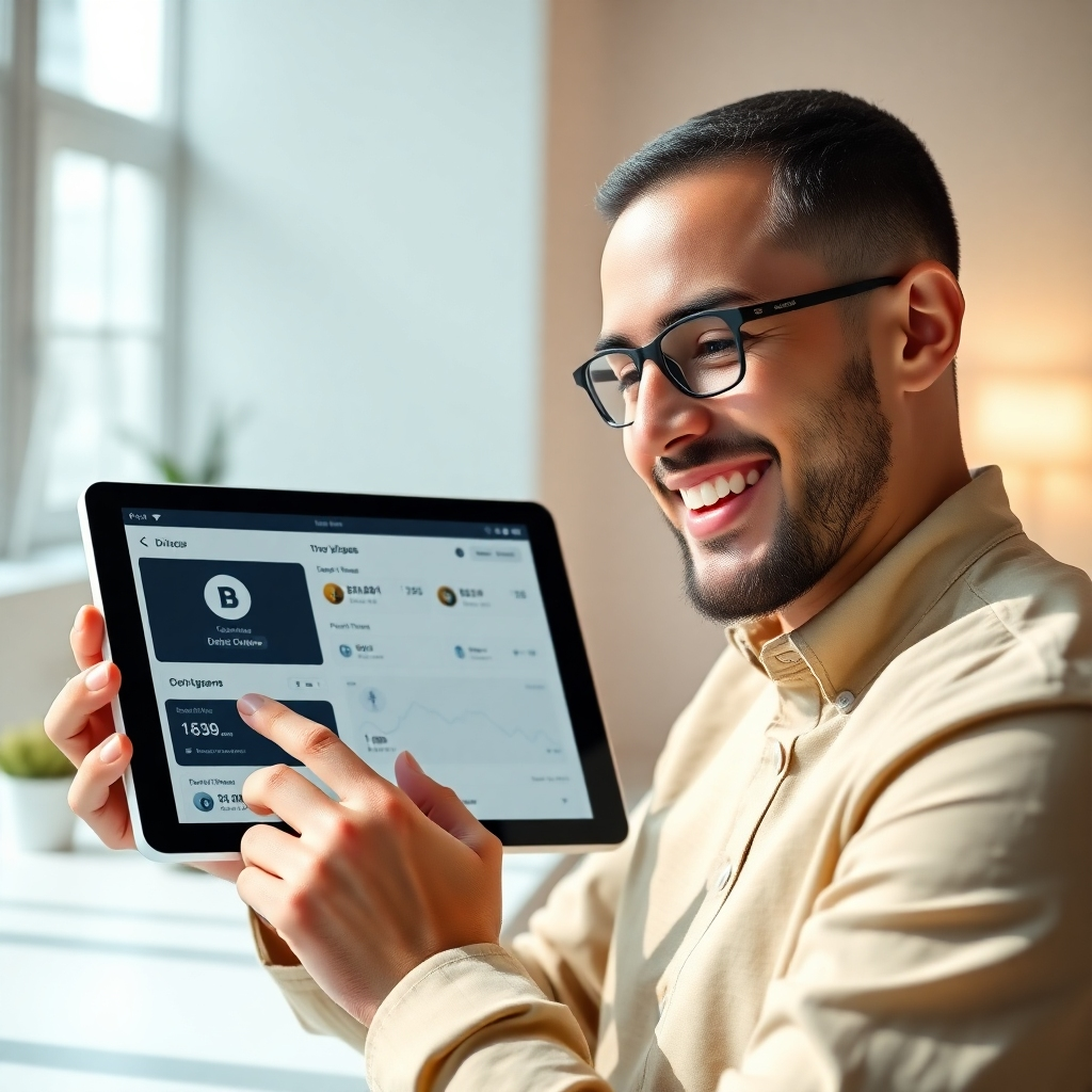 A person smiling and effortlessly navigating a clean, minimalist crypto wallet app on their tablet. The interface should be simple and intuitive, with clear visuals and minimal text. The background should be a bright, airy workspace, suggesting ease and simplicity.