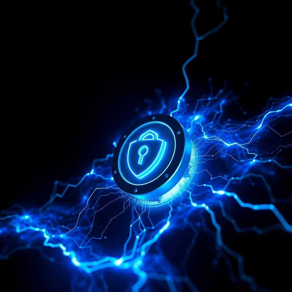 A photorealistic, ultra-high-definition (8K resolution) image portraying a complex, abstract representation of military-grade encryption technology as a glowing, blue energy field surrounding a CyberVaultXL crypto wallet icon. The background is a dark, almost black, space, contrasting sharply with the vibrant blue energy.  The lighting is dramatic, with a spotlight effect on the CyberVaultXL icon. The color palette is predominantly dark, with vibrant accents of electric blue and subtle hints of green to represent security protocols. The camera angle is a close-up shot, emphasizing the intricate details of the energy field, and the texture of the energy is smooth and highly polished, suggesting strength and invincibility. The overall mood is one of impenetrable security and cutting-edge technology. The style is inspired by science fiction films, like the visual effects of a Tron-like world. Use hyperrealistic rendering techniques to showcase the complexity and depth of the encryption field, enhancing the visual impact and sense of security