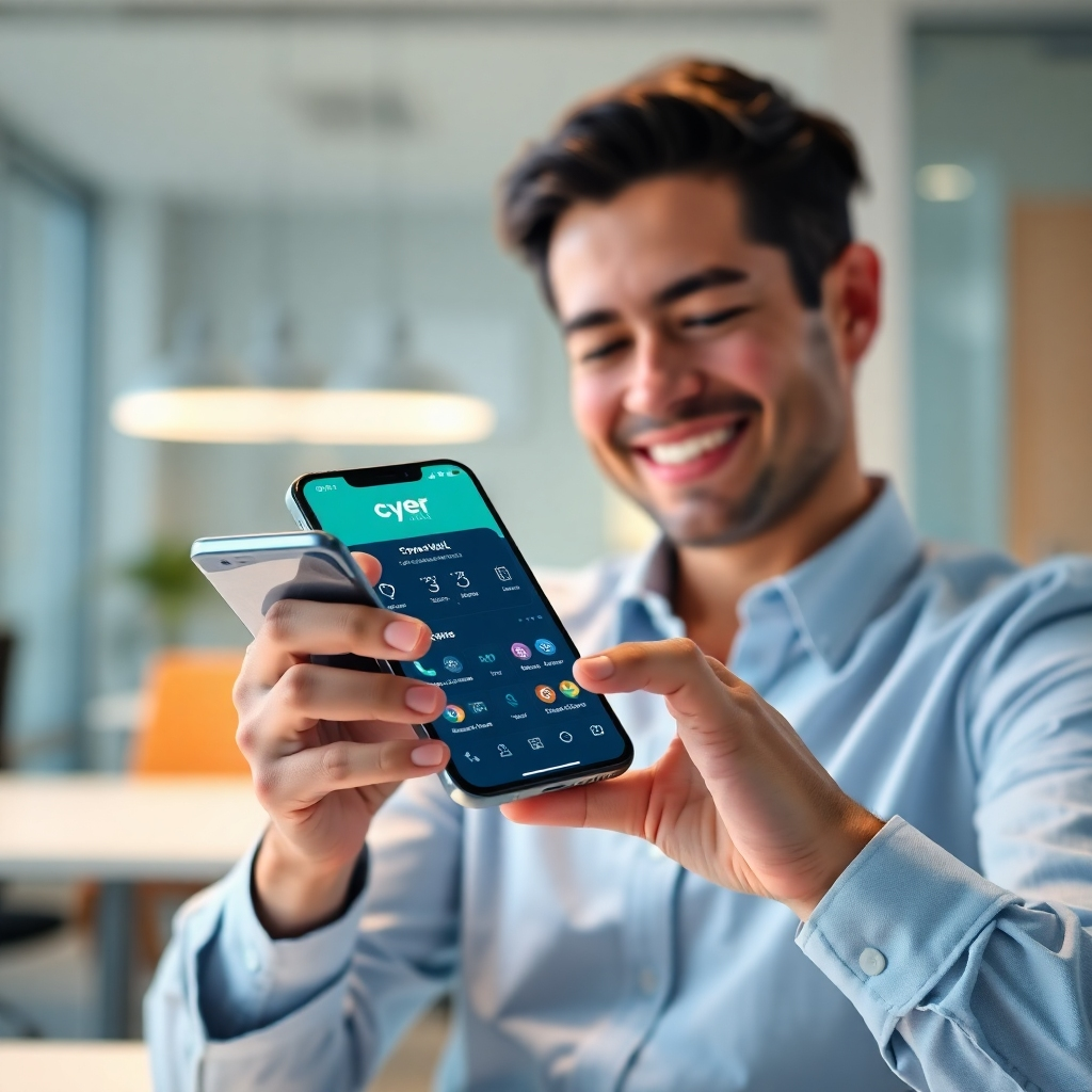 A photorealistic image, 8K resolution, hyperrealistic detail, depicting a person smiling confidently while effortlessly accessing their CyberVaultXL crypto wallet on a sleek smartphone under soft, diffused lighting. The background is a blurred, modern office setting. The phone displays the CyberVaultXL interface showcasing a clean, intuitive design with various crypto assets clearly visible.  The color palette is calming blues and greens, evoking a sense of security and trust. The camera angle is slightly elevated, looking down at the phone and the person's hands, emphasizing the ease of use. The overall mood is one of peace of mind and technological sophistication.  The style is reminiscent of Apple's product photography.  Include subtle reflections on the phone screen, showcasing the high quality of the interface design.  Textures include the smooth glass of the phone and the slightly rough texture of the person's hands. Highlighting the brand logo subtly on the phone screen