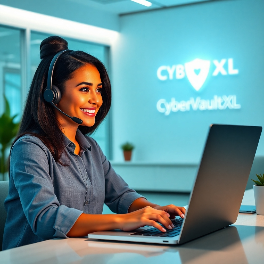 A photorealistic image, shot in 8K resolution with hyperrealistic rendering, showing a friendly, diverse CyberVaultXL customer support representative providing assistance to a client via video call on a modern laptop. The setting is a brightly lit, modern office with clean lines and calming colors (soft blues and greens). The lighting is soft and diffused, creating a welcoming atmosphere. The color palette emphasizes calmness and trust. The camera angle is slightly over-the-shoulder, showing both the representative and the client’s perspective. Textures include the smooth surface of the laptop and the fabric of the representative's clothing. Environmental elements include subtle office décor that suggest professionalism and reliability. Props include the CyberVaultXL logo subtly placed in the background, a headset, and a laptop displaying a customer service interface.  The style references the work of Annie Leibovitz, capturing a feeling of human connection and trustworthiness.  The overall mood should be one of confidence and reassuring support