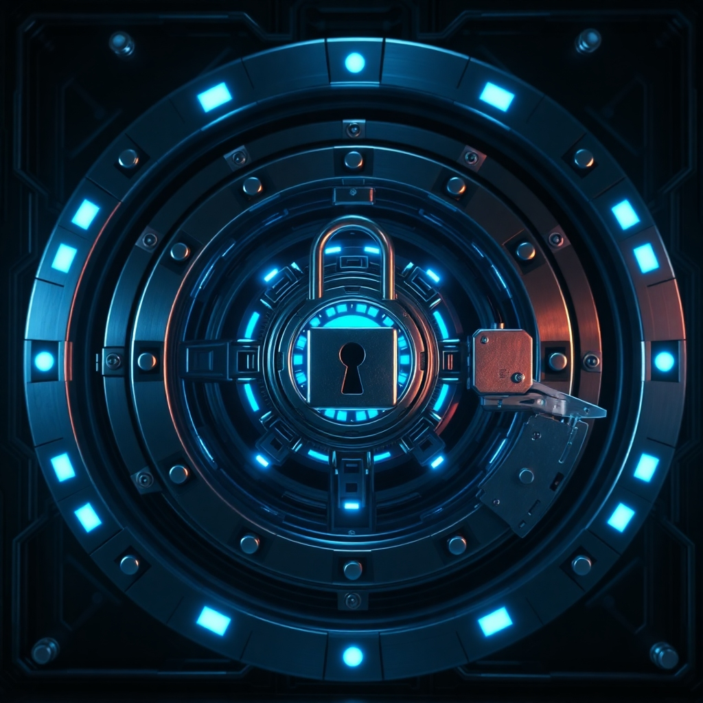 A photorealistic image depicting a futuristic, metallic vault door with a complex digital lock, glowing blue, surrounded by intricate circuitry. The background should be a dark, high-tech environment. The overall mood is one of impenetrable security and advanced technology.