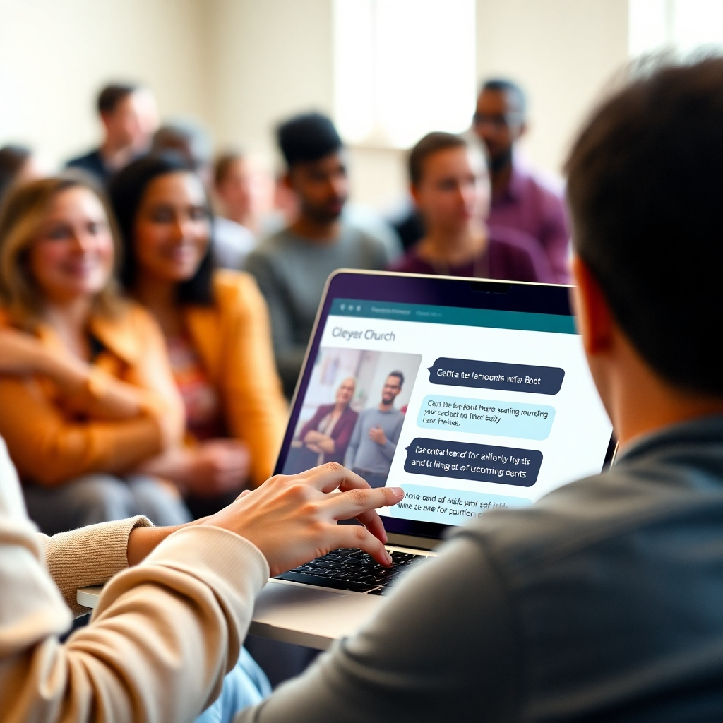 A photorealistic image depicting a person happily interacting with a church website landing page on their laptop.  The screen shows an AI chatbot offering personalized content related to their interests, such as upcoming events. The background is a blurred image of a diverse church community. The image should convey a sense of warmth, connection, and personal attention.