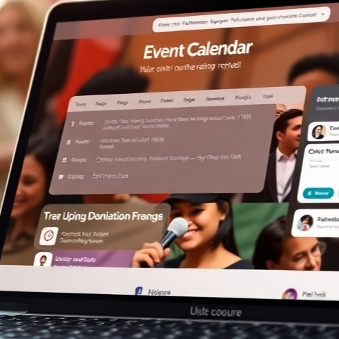 A photorealistic image depicting a church website on a laptop screen, showcasing an interactive event calendar, an online donation portal, and a live chat feature. The background should subtly show a blurred image of happy church members interacting.  High resolution, sharp details, focus on the screen, warm lighting