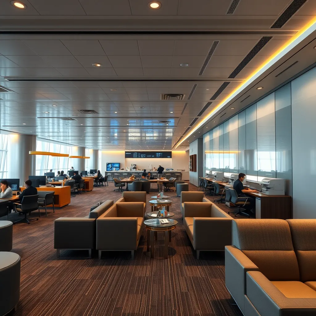 A photorealistic image of a first-class airport lounge, showcasing a luxurious and comfortable environment. The lounge should be spacious and well-lit, with comfortable seating, a bar serving drinks and snacks, and a business center with computers and printers. In the background, passengers can be seen relaxing and enjoying the amenities. The image should convey a sense of exclusivity and relaxation.