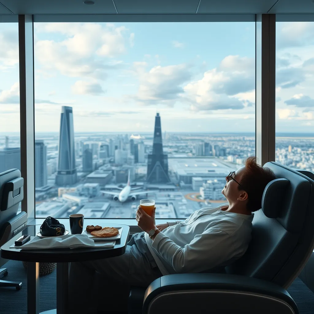 A photorealistic image of a first-class passenger relaxing in an airport lounge with a panoramic city view, enjoying a complimentary drink and snack.