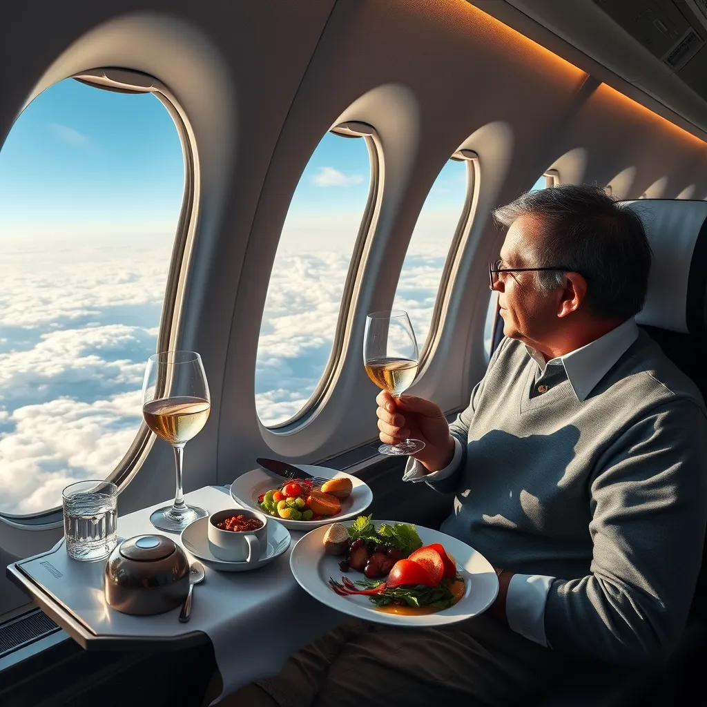 A photorealistic image of a first-class passenger dining on a gourmet meal with a glass of wine, while enjoying a panoramic view of the clouds from their airplane window.