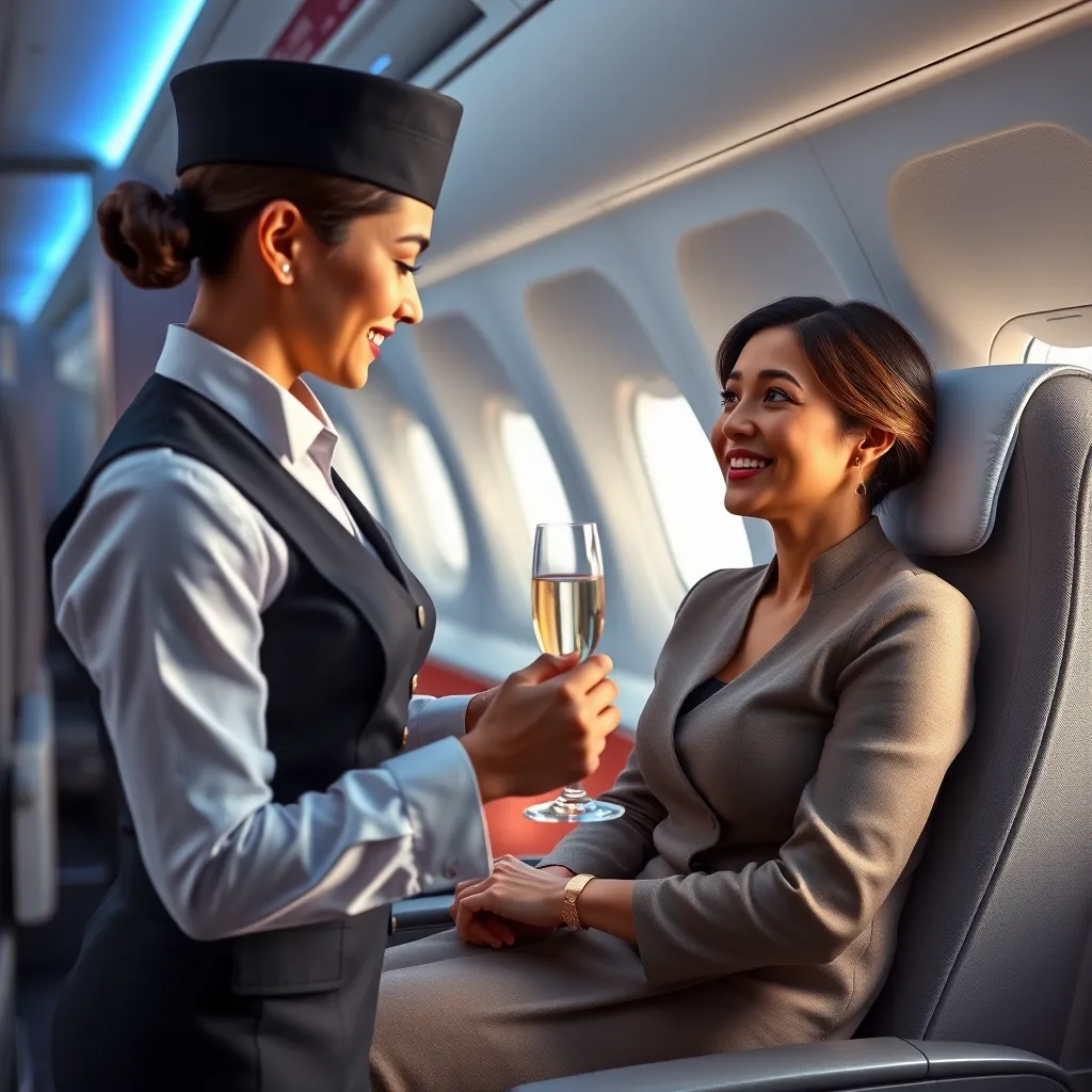 A photorealistic image of a flight attendant in a professional uniform, serving a passenger in a first-class cabin. The passenger should be sitting in a luxurious seat, looking relaxed and content as the flight attendant offers them a glass of champagne. The scene should be set in a modern and elegant first-class cabin, with plush seats, high-quality finishes, and a calming atmosphere.