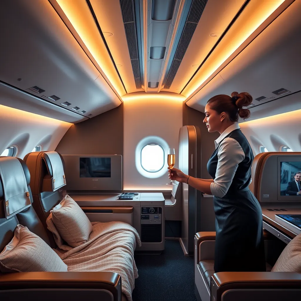 A photorealistic image of a luxurious first-class airplane cabin with wide leather seats, plush blankets, a personal entertainment system, and a flight attendant offering a glass of champagne to a passenger.