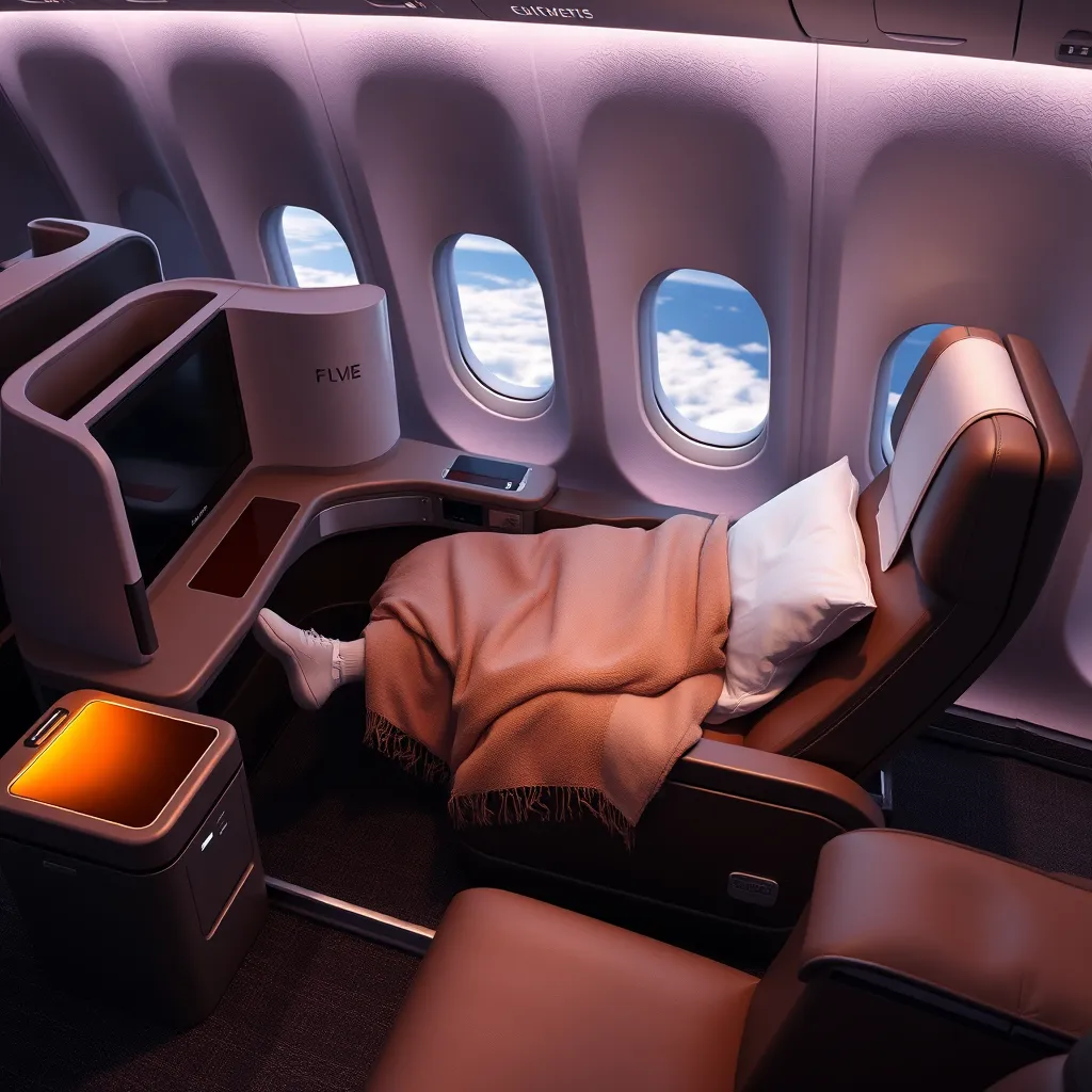 A photorealistic image of a luxurious first-class airplane seat, with plush leather, a large screen, a footrest, and a blanket draped over it. The seat should be positioned in a lie-flat configuration, with the passenger comfortably sleeping on it. The lighting should be soft and warm, creating a relaxing atmosphere. The background should be a blurred view of the clouds outside the window, suggesting a peaceful and comfortable flight.