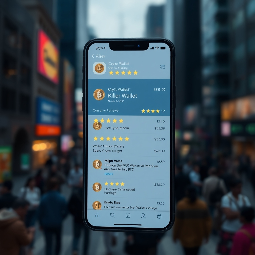 A photorealistic image of a smartphone displaying numerous positive app store reviews and ratings for a crypto wallet app.  Include star ratings, positive comments, and maybe a prominent award icon. The background is a blurred image of a busy city, symbolizing widespread user trust and acceptance.