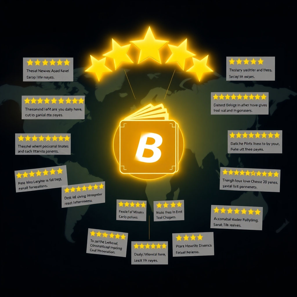 A stylized graphic showing a multitude of five-star reviews and positive testimonials surrounding a glowing crypto wallet logo. The background should feature a world map with various locations highlighted, indicating global reach and popularity. The style should be vibrant and celebratory, emphasizing trust and positive feedback.