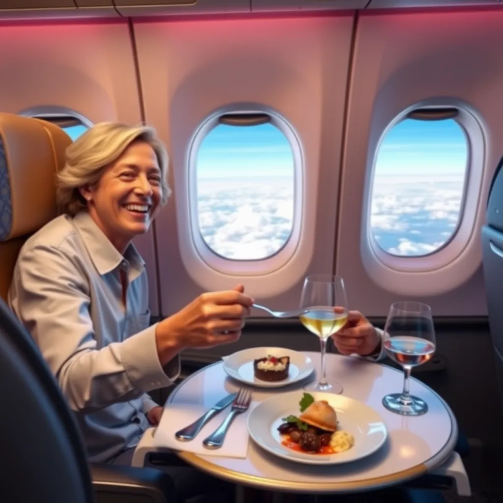 A vibrant, photorealistic image of a person smiling and enjoying a gourmet meal served on fine china in a first-class airplane cabin. The background should be a scenic view of the clouds and sky, emphasizing the feeling of a special and unforgettable journey.