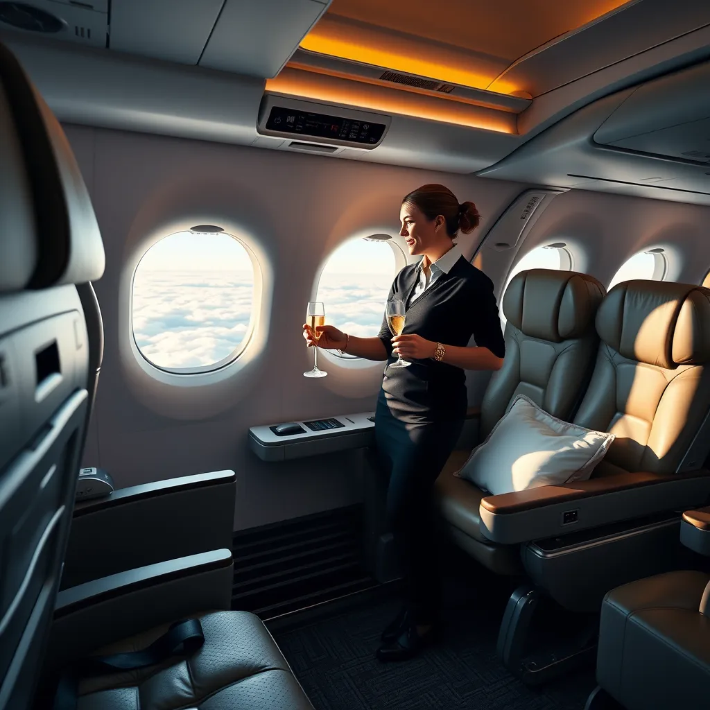 A wide-angle shot of a first-class cabin on an airplane. The seats should be spacious and comfortable, with plush leather and ample legroom. A flight attendant is offering a passenger a glass of champagne, and the window shows a breathtaking view of clouds.