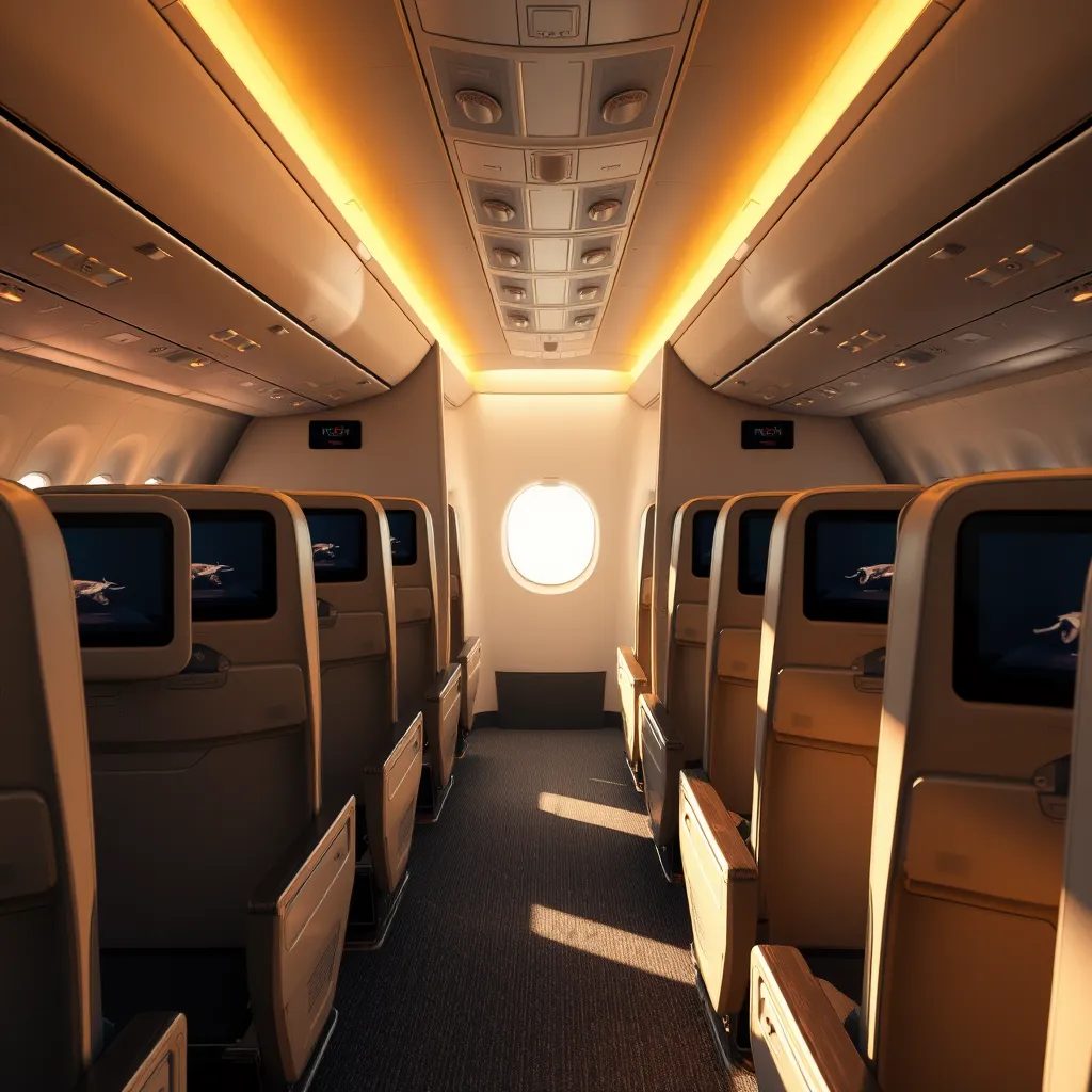 A wide shot of a first-class airplane cabin with a limited number of seats, each with a privacy screen and a personal entertainment system. The lighting should be warm and inviting, highlighting the spaciousness and exclusivity of the cabin.