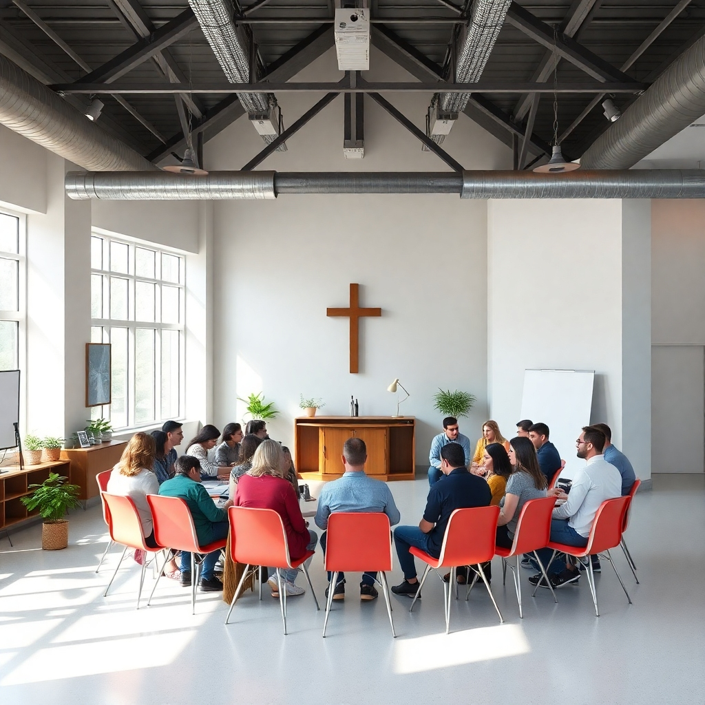 A photorealistic image of a diverse group of smiling people of different ages sitting together around tablets and laptops, all displaying a modern church website. The background should subtly feature a church building with warm, inviting lighting.  The overall mood is one of community and connection.