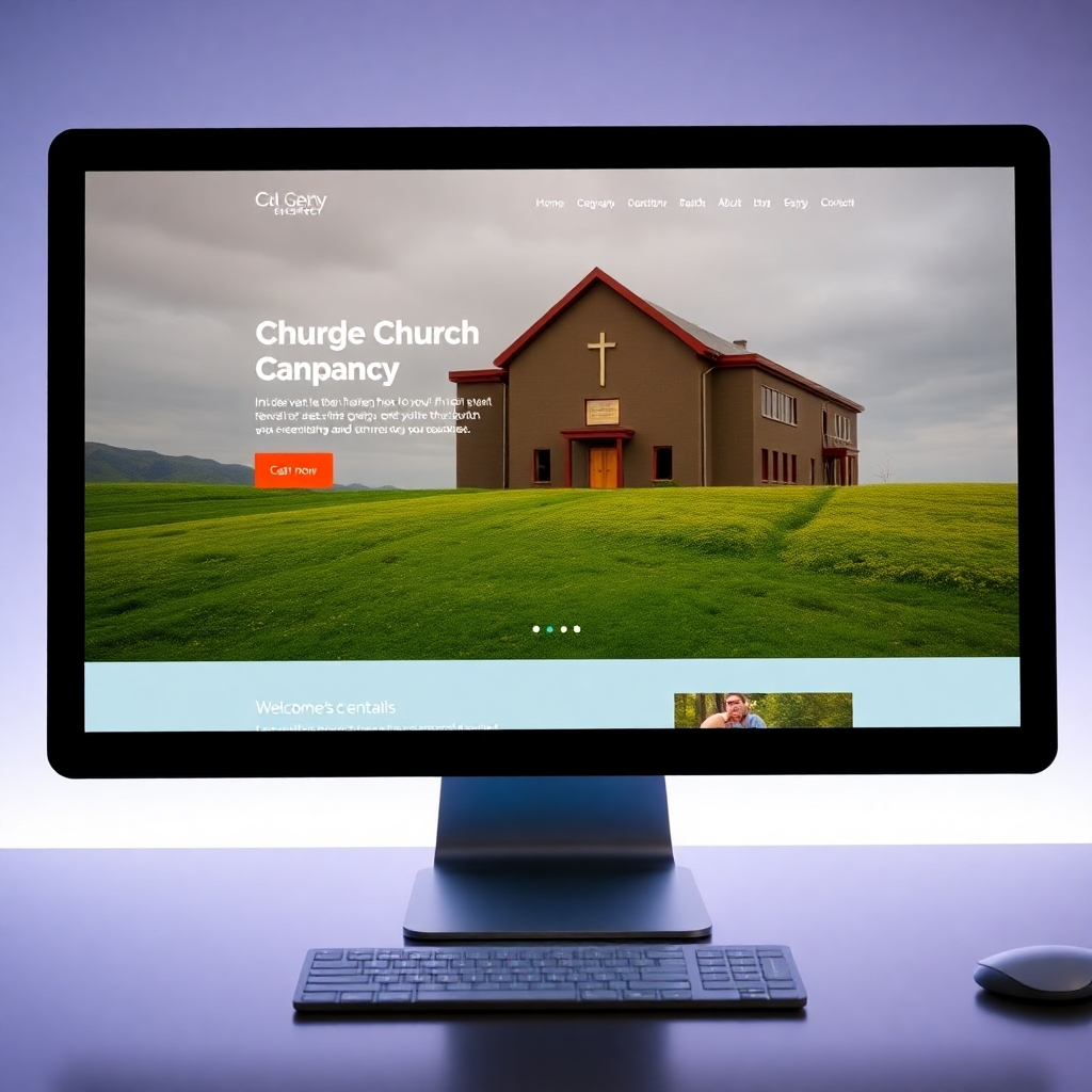A photorealistic image of a church website landing page featuring a high-quality video showcasing a church event. The video is seamlessly integrated, with clear visuals and sound.  The page has a clean design, allowing the video to take center stage. The image conveys a sense of community and warmth.