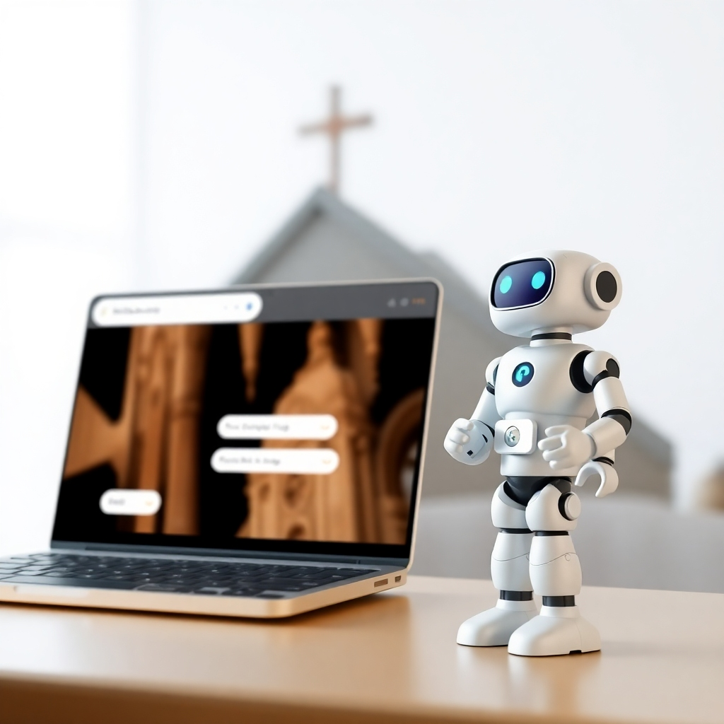 A photorealistic image depicting a church website on a laptop screen, showcasing an interactive event calendar, an online donation portal, and a live chat feature. The background should subtly show a blurred image of happy church members interacting.  High resolution, sharp details, focus on the screen, warm lighting