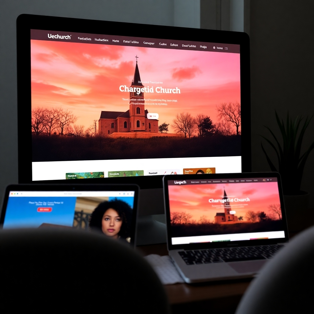 A photorealistic image of a family gathered around a laptop, looking at a church website together.  The website should display a welcoming message and images of church events and members.  The family should appear happy and connected.  High resolution, warm and inviting lighting, focus on the family's expressions