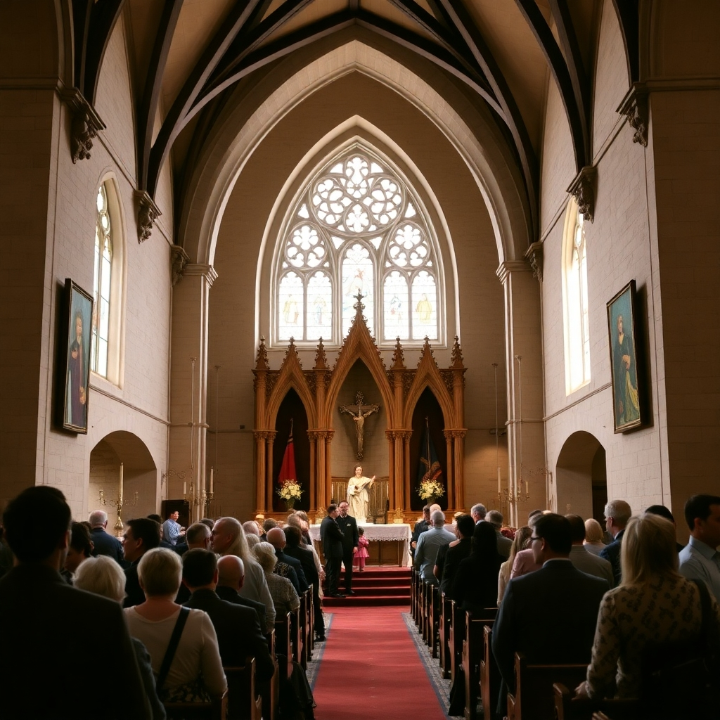 Photorealistic image: A diverse group of people of various ages interacting positively on church grounds, some using smartphones or tablets, engaging with the church website on their devices. Warm sunlight, natural background, happy expressions, high-resolution, 4k quality.